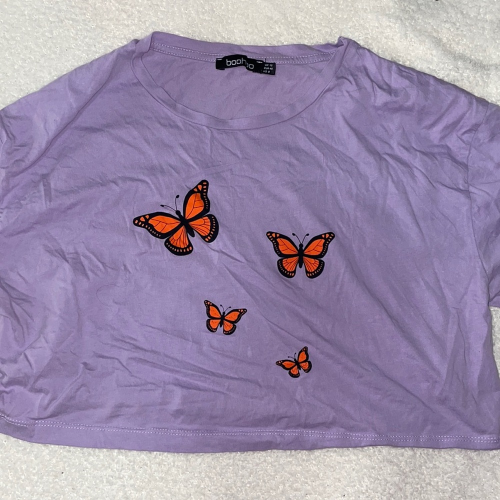 Boohoo Butterfly Crop T Shirt, lavender